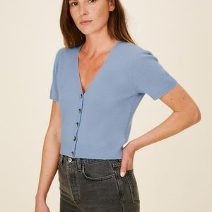 Reformation Cashmere V-Neck Short Sleeve Cardigan in Parisian Blue